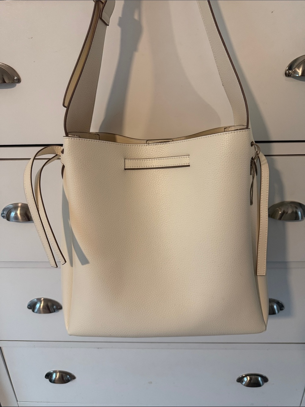Cream Leather Shoulder Bag - Minimalist Women’s Tote